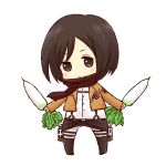  batta_(ijigen_debris) black_eyes black_hair black_pants blush brown_jacket brown_scarf chibi commentary_request full_body jacket long_sleeves looking_at_viewer mikasa_ackerman open_clothes open_jacket pants scarf shingeki_no_kyojin shirt short_hair simple_background solo standing three-dimensional_maneuver_gear turnip white_background white_shirt 