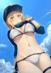  :3 ahoge artoria_pendragon_(all) banned_artist baseball_cap bikini blonde_hair blue_eyes blue_hat blue_sky blush breasts closed_mouth cloud commentary_request day fate/grand_order fate_(series) hair_through_headwear hat kyoeiki large_breasts looking_at_viewer mysterious_heroine_xx_(foreigner) navel ponytail short_hair shrug_(clothing) sky solo swimsuit white_bikini 