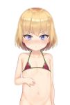  atg_(wttoo0202) bangs bare_arms bare_shoulders bikini bikini_top blonde_hair blue_eyes blush bottomless closed_mouth collarbone eyebrows_visible_through_hair flat_chest girls_und_panzer highres katyusha looking_at_viewer micro_bikini navel nose_blush out-of-frame_censoring red_bikini_top short_hair simple_background solo swimsuit v-shaped_eyebrows white_background 