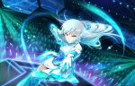  aqua_legwear artist_request bangs bare_shoulders breasts brown_eyes dress gloves headset idolmaster idolmaster_cinderella_girls idolmaster_cinderella_girls_starlight_stage lights long_hair looking_at_viewer official_art outstretched_hand parted_lips serious silver_hair solo stage takamine_noa thighhighs 