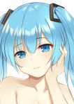  blue_eyes blue_hair breasts collarbone commentary expressionless eyebrows_visible_through_hair face flan_(seeyouflan) hair_between_eyes hatsune_miku head_tilt highres long_hair looking_at_viewer nude simple_background solo vocaloid white_background 