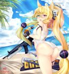  1girl animal_ears ass assault_rifle bare_shoulders blonde_hair blush bow breasts ebisu fingerless_gloves from_behind g41_(girls_frontline) girls_frontline gloves green_eyes gun hair_bow hair_ornament heterochromia large_breasts long_hair looking_at_viewer one-piece_swimsuit ponytail red_eyes rifle shiny shiny_clothes shiny_hair shiny_skin sideboob solo swimsuit very_long_hair weapon 
