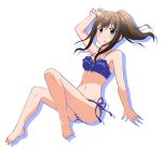  arm_up asaeda_itsuki barefoot bikini blue_bikini_top blush bracelet brown_hair collarbone eyebrows_visible_through_hair floating_hair green_eyes groin hair_between_eyes high_ponytail idolmaster idolmaster_cinderella_girls jewelry long_hair looking_at_viewer navel open_mouth shadow shibuya_rin shiny shiny_hair side-tie_bikini sidelocks simple_background solo striped_bikini_bottom swimsuit white_background 