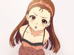  arms_behind_back bare_shoulders bow brown_eyes brown_hair collarbone commentary forehead hairband idolmaster idolmaster_(classic) long_hair looking_at_viewer looking_up minase_iori open_mouth pink_hairband solo yamakan_(anking) 