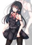  asashio_(kantai_collection) belt black_hair black_legwear blue_eyes blush breasts commentary dress eyebrows_visible_through_hair highres kantai_collection long_hair looking_at_viewer neck_ribbon no_shirt numpopo open_mouth pantyhose pinafore_dress red_ribbon ribbon school_uniform simple_background small_breasts solo white_background zoom_layer 