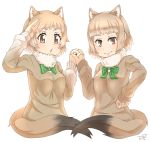  animal_ears bangs black-tailed_prairie_dog_(kemono_friends) black-tailed_prairie_dog_(kemono_friends)_(cosplay) blunt_bangs bow bowtie brown_eyes brown_sweater closed_mouth commentary cosplay extra_ears fur_collar green_bow hand_on_hip hand_to_forehead hand_up hands_up highres holding_hands interlocked_fingers kemono_friends light_brown_hair long_sleeves looking_at_viewer mole mole_under_eye multiple_girls open_mouth prairie_dog_ears prairie_dog_tail salute short_hair shoulder-to-shoulder sidelocks simple_background smile sweater tail thin_(suzuneya) upper_body white_background 