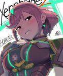  armor blush breasts character_name fingerless_gloves gloves half-closed_eyes hand_on_own_chest homura_(xenoblade_2) large_breasts looking_at_viewer red_eyes red_hair rog_rockbe seductive_smile short_hair signature smile upper_body xenoblade_(series) xenoblade_2 