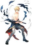  aqua_eyes blonde_hair blood chest full_body highres injury katana kiwame_(touken_ranbu) male_focus official_art pants parted_lips ready_to_draw sheath sheathed shirtless solo sword toichi_(ik07) torn_clothes torn_pants touken_ranbu transparent_background weapon yamanbagiri_kunihiro 