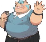  2018 anthro belly boar clothing gouryou humanoid_hands male mammal mohawk one_eye_closed overweight overweight_male pants porcine shirt simple_background solo tokyo_afterschool_summoners tusks uokkom white_background wink 