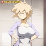  1girl animated animated_gif areolae artist_name bakugou_mitsuki black_hair blonde_hair boku_no_hero_academia bouncing_breasts breast_hold breasts cleavage eyebrows_visible_through_hair eyes_visible_through_hair hands_on_hips huge_breasts large_areolae large_breasts looking_at_viewer lowres mature milf naughty_face nipples smile solo spiked_hair twistedgrim underwear undressing 