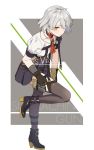  ammunition_pouch boots commentary girls_frontline gloves juliet_sleeves long_sleeves looking_at_viewer necktie ningen_(ningen96) pouch puffy_sleeves short_hair short_sleeves silver_hair skirt thighhighs thighhighs_under_boots vector_(girls_frontline) yellow_eyes 