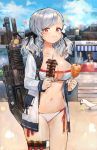  bad_proportions bangs bikini bird black_ribbon blue_sky blush breasts cityscape cleavage cloud collarbone commentary_request day eating flower food food_stand full_mouth girls_frontline gun hair_flower hair_ornament hair_ribbon highres holding holding_food jacket korean_commentary large_breasts long_hair looking_at_viewer navel open_clothes open_jacket outdoors partial_commentary red_eyes ribbon shiny shiny_skin shotgun shotgun_shells signature silver_hair sky smile sonchi spas-12 spas-12_(girls_frontline) stomach sweatdrop swimsuit thigh_strap twintails weapon weapon_on_back white_bikini 