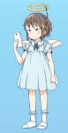  ano_ko_wa_toshi_densetsu blue_background blue_dress blue_hairband blush bobby_socks brown_eyes brown_hair cellphone closed_mouth collared_dress dress fake_halo feathered_wings full_body gomennasai hair_ornament hairband hairclip hand_up holding holding_cellphone holding_phone no_shoes phone puffy_short_sleeves puffy_sleeves short_sleeves simple_background socks solo standing white_legwear white_wings wings zangyaku-san 