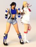  2girls 3d belt blonde_hair blue_eyes boots breasts brown_eyes brown_hair emilie_de_rochefort gauntlets gloves jumpsuit kazama_asuka legs long_hair minidress multiple_girls red_socks short_hair socks solo sports_bra stomach tekken tekken_5 tekken_6 thick_thighs thigh thighs tie victorian white_boots 