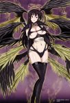  angel_wings aura bird_wings black_hair black_wings breasts cleavage commentary_request dark_halo double_halo feathered_wings gloves halo high_school_dxd highres large_breasts long_hair multiple_wings open_mouth purple_background raynare red_eyes revealing_clothes shoulder_spikes smile solo spikes thighhighs wings yellow_wings yxyyxy 