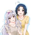  :d ahoge blue_hair collarbone eyebrows_visible_through_hair grey_shirt hairband hand_on_another's_head idolmaster idolmaster_(classic) looking_at_viewer miura_azusa multiple_girls open_mouth purple_hairband red_eyes shadow shijou_takane shiny shiny_hair shirt short_hair short_sleeves sidarim simple_background smile upper_body white_background yellow_shirt 