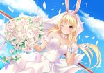  animal_ears azur_lane benson_(azur_lane) blonde_hair bouquet breasts bride bunny_ears cleavage commentary_request dress fake_animal_ears flower formal highres holding holding_bouquet jewelry long_hair one_eye_closed ring smile solo trend_kill wedding_band wedding_dress wedding_ring 