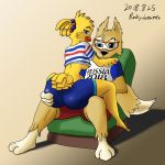  2018 anthro breasts butt canine clothing crop_top duo ettie female female_on_top fifa hand_on_butt looking_at_viewer looking_back male mammal mascot on_top punkydreamer shirt straddling under_boob wolf zabivaka 