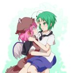  :d antennae bird_wings black_cape blue_shorts cape cato_(monocatienus) commentary_request eye_contact green_eyes green_hair hand_in_another's_hair hat hug looking_at_another multiple_girls mystia_lorelei open_mouth pink_hair puffy_short_sleeves puffy_sleeves shirt short_hair short_sleeves shorts simple_background sitting sitting_on_lap sitting_on_person smile touhou white_shirt wings wriggle_nightbug yuri 