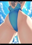  armpits arms_up ass_visible_through_thighs blue_eyes blue_leotard blue_sky braid breasts cameltoe cloud colored_eyelashes commentary covered_mouth cowboy_shot day from_below groin hair_between_eyes highres izayoi_sakuya leotard letterboxed looking_at_viewer looking_down medium_breasts outdoors perspective short_hair silver_hair sky solo sparkle tajima_yuuki thighs touhou 