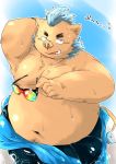  2018 anthro belly boar eyewear gouryou humanoid_hands japanese_text male mammal mohawk moobs okoge_16 overweight overweight_male porcine solo sunglasses text tokyo_afterschool_summoners tusks water wetsuit 