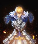  absurdres adapted_costume armor armored_dress artoria_pendragon_(all) bangs black_background blonde_hair blue_dress braid breastplate buckle closed_mouth dress excalibur eyebrows_visible_through_hair fate/stay_night fate_(series) faulds floating_hair foreshortening french_braid gauntlets glowing glowing_sword glowing_weapon green_eyes hair_between_eyes hands_on_hilt highres joe_(j_studio) juliet_sleeves light_particles long_sleeves looking_at_viewer outstretched_arms puffy_sleeves saber serious shiny shiny_hair short_hair solo sparks standing v-shaped_eyebrows weapon wind 