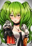  1girl bangs black_gloves blush chocolate chocolate_bar eyebrows eyebrows_visible_through_hair food girls_frontline giving gloves green_hair hair_between_eyes long_hair looking_away looking_to_the_side m950a_(girls_frontline) messy_hair open_mouth puffy_short_sleeves puffy_sleeves redlammy short_sleeves sidelocks solo thick_eyebrows twintails upper_body yellow_eyes 