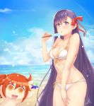  absurdres ahoge bb_(fate)_(all) bb_(fate/extra_ccc) beach bikini blue_sky breasts cleavage cloud cowboy_shot day fate/grand_order fate_(series) food front-tie_top fujimaru_ritsuka_(female) highres long_hair medium_breasts multiple_girls one_side_up orange_eyes orange_hair outdoors popsicle purple_eyes purple_hair red_ribbon ribbon riyo_(lyomsnpmp)_(style) saint_quartz sky solo_focus swimsuit white_bikini xiao_miao 