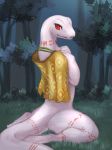  anthro better_version_at_source clothing crusch_lulu digital_media_(artwork) female forest kadomarco lizard markings open_mouth overlord_(series) red_eyes reptile scalie sitting smile solo thick_thighs tongue tree white_skin 