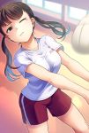  3; abiko_yuuji bangs black_eyes black_hair blurry blurry_background breasts closed_mouth collarbone eyebrows_visible_through_hair gym_shorts gym_uniform highres light_particles long_hair medium_breasts one_eye_closed original red_shorts shirt short_sleeves shorts single_tear solo twintails volleyball white_shirt 