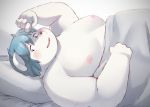  2018 bed bed_sheet bedding blanket blue_hair fur hair looking_at_viewer lying male mammal moobs nipples on_back on_bed open_mouth overweight overweight_male pillow smile solo sv_grart white_fur 