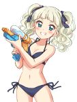  absurdres aikatsu! aikatsu!_(series) bangs bikini blonde_hair blue_bikini blue_eyes blunt_bangs blush commentary cowboy_shot fang grin highres looking_at_viewer navel sekina side-tie_bikini simple_background sketch smile solo standing swimsuit toudou_yurika twintails v-shaped_eyebrows water_gun white_background 