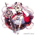  absurdly_long_hair absurdres blue_eyes boots breasts cleavage commentary_request company_name corset detached_sleeves dress floral_print flower full_body hamada_pochiwo highres holding holding_sword holding_weapon large_breasts layered_dress long_hair long_legs looking_at_viewer official_art original pink_flower pink_hair pink_rose rose rose_print simple_background solo standing standing_on_one_leg sword thighhighs thorns twintails very_long_hair weapon white_background 