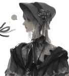  ? ascot bangs bloodborne bonnet cloak flower gothic greyscale hat issa_(zgjj7328) jewelry monochrome out_of_frame pendant plain_doll profile rose solo_focus spoken_question_mark swept_bangs tentacles 