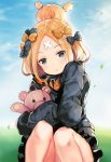  abigail_williams_(fate/grand_order) bangs belt black_bow black_coat blonde_hair blue_eyes blue_sky bow closed_mouth cloud commentary_request day fate/grand_order fate_(series) hair_bow hair_bun head_tilt heroic_spirit_traveling_outfit highres long_sleeves looking_at_viewer orange_bow outdoors parted_bangs polka_dot polka_dot_bow sibyl sitting sky sleeves_past_fingers sleeves_past_wrists solo stuffed_animal stuffed_toy teddy_bear 