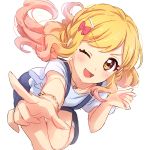  ;d aikatsu!_(series) aikatsu_stars! black_footwear blonde_hair blouse blue_shorts blush bow bracelet brown_eyes eyelashes gradient_hair hair_bow hair_ornament hairclip heart heart_necklace highres jewelry leaning_forward long_hair looking_at_viewer multicolored_hair nijino_yume one_eye_closed open_mouth pink_bow pink_hair pointing pointing_at_viewer sekina shorts simple_background sketch smile socks solo standing standing_on_one_leg suspender_shorts suspenders white_background white_blouse white_legwear 