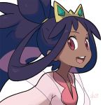  artist_name collarbone commentary dark_skin eyebrows_visible_through_hair happy iris_(pokemon) long_hair long_sleeves looking_to_the_side open_mouth pokemon pokemon_(game) pokemon_bw2 ponytail purple_hair red_eyes reiesu_(reis) signature simple_background smile solo teeth tiara tied_hair white_background 