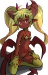  :&gt; ahoge asymmetrical_horns bangs bare_arms bare_shoulders big_hair bikini blonde_hair blush breasts brown_footwear brown_horns brown_tail brown_wings cleavage closed_mouth collarbone commentary_request dark_skin demon_girl demon_horns demon_tail demon_wings eyebrows_visible_through_hair garoudo_(kadouhan'i) gloves groin head_tilt horns kneeling long_hair looking_at_viewer multiple_horns navel original petite pink_eyes pink_horns pointy_ears shiny shiny_hair simple_background small_breasts smile solo string_bikini succubus swimsuit tail thighhighs twintails very_long_hair wavy_hair white_background wings yellow_bikini yellow_gloves yellow_legwear 
