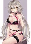  ahoge artist_name bare_arms bare_shoulders bikini black_bikini black_choker border choker closed_mouth commentary_request cowboy_shot eyebrows_visible_through_hair fate/grand_order fate_(series) hair_between_eyes highres jeanne_d'arc_(alter_swimsuit_berserker) jeanne_d'arc_(fate)_(all) komazuki_(komaworks240) long_hair looking_at_viewer navel o-ring o-ring_bikini o-ring_bottom o-ring_top outline outside_border pale_skin signature simple_background single_thighhigh sitting smile solo stomach strap_pull swimsuit thigh_strap thighhighs thighs very_long_hair yellow_eyes 