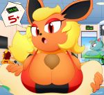 2018 anthro big_breasts breasts clothing eeveelution erection eyelashes eyeshadow female first_person_view flareon hair huge_breasts looking_at_viewer makeup male male/female male_pov nintendo open_mouth penis pikachu pok&eacute;mon pok&eacute;mon_(species) sex shirt slickehedge sweat tank_top titfuck titfuck_under_clothes top venusaur video_games 