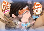  1girl 4boys brown_hair censored fellatio gloves goggles male_pubic_hair multiple_boys multiple_penises one_eye_closed open_mouth oral overwatch penis pubic_hair saliva short_hair speech_bubble teeth tongue tracer_(overwatch) v 