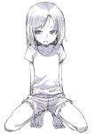  absurdres bare_legs barefoot full_body highres kneeling looking_at_viewer medium_hair open_mouth original parted_lips shirt short_shorts short_sleeves shorts simple_background sketch solo toenails white_background yamamoto_souichirou 