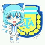  2014_fifa_world_cup adidas argentina bangs blue_eyes blue_hair blue_ribbon blush bow brazuca chibi cirno emblem eyebrows fairy_wings full_body hair_bow hair_ornament ice ice_wings jersey open_mouth pointing ribbon roll_daikufu short_hair signature skirt smile soccer soccer_uniform solo sportswear standing touhou white_legwear white_skirt wings world_cup 