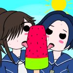  2girls aomokoka blue_hair brown_hair chibi food kobayakawa_rinko licking love_plus multiple_girls open_mouth ponytail popsicle school_uniform serafuku sexually_suggestive sky sun sweat takane_manaka tongue tongue_out watermelon_bar 