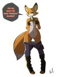  anthro blaketheflareon breasts canid canine clothed clothing dialogue digital_media_(artwork) female fox looking_at_viewer mammal pants partially_clothed pussy solo spark_a_space_tail_(film) suggestive underwear vix_(spark) 