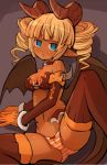  aqua_eyes arm_support bandeau bangs bare_shoulders blunt_bangs blush bow bow_panties breasts brown_bow brown_choker brown_horns brown_legwear brown_tail brown_wings choker cleavage commentary_request curly_hair dark_skin demon_girl demon_horns demon_tail demon_wings dot_nose drill_hair eyebrows_visible_through_hair feet_out_of_frame garoudo_(kadouhan'i) gloves horns jitome leg_lift looking_at_viewer lying medium_breasts medium_hair midriff navel on_side open_mouth orange_gloves orange_hair orange_panties original panties petite pointy_ears short_eyebrows skull solo stomach succubus tail thick_eyebrows thighhighs tongue tongue_out twin_drills underwear wings 