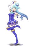  :d aqua_(konosuba) blue_eyes blue_hair blue_neckwear boots bow bowtie breasts commentary_request detached_sleeves full_body hand_up high_heel_boots high_heels ishii_hisao knee_boots kono_subarashii_sekai_ni_shukufuku_wo! long_sleeves looking_at_viewer medium_breasts open_mouth purple_footwear purple_skirt purple_vest simple_background skin_tight skirt smile solo standing standing_on_one_leg tiptoes vest white_background 