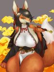  anthro big_breasts black_hair breasts canine clothing digital_media_(artwork) dipstick_tail female fluffy fox fur hair inner_ear_fluff jacket kadomarco long_hair looking_at_viewer mammal multicolored_fur multicolored_tail orange_fur pipe signature simple_background smile solo standing thick_thighs two_tone_fur voluptuous white_fur wide_hips yellow_eyes 