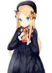  1girl abigail_williams_(fate/grand_order) absurdres bangs black_bow black_dress black_hat blonde_hair blue_eyes blush bow box closed_mouth commentary_request dress eyebrows_visible_through_hair fate/grand_order fate_(series) forehead gift gift_box hair_bow hat highres holding holding_gift long_hair long_sleeves orange_bow parted_bangs polka_dot polka_dot_bow simple_background sleeves_past_wrists smile solo valentine very_long_hair white_background yukaa 