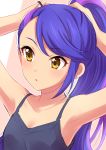  absurdres aikatsu!_(series) aikatsu_stars! armpits bangs blue_hair breasts camisole eyebrows_visible_through_hair hair_tie hands_up highres kisaragi_tsubasa light_blush parted_lips ponytail purple_hair sekina small_breasts solo tying_hair upper_body yellow_eyes 